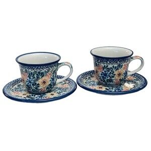 2 Unikat Handmade Polish Pottery Cup & Saucer Sets 6oz Floral Signed Numbered